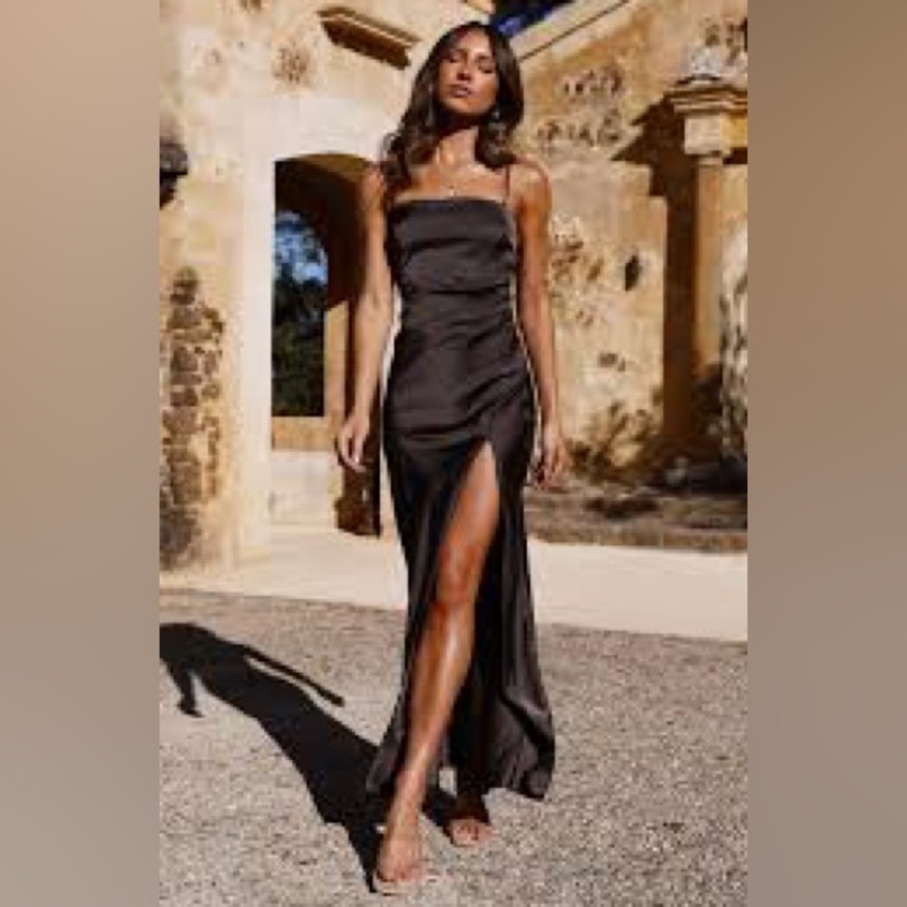 Billy J Julia Black Satin Maxi Dress Spaghetti Side Slit Ruched  Excellent 12
